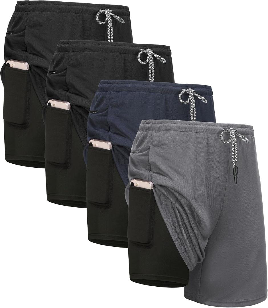 Kinglaman 4 Pack Mens 2 in 1 Running Workout Shorts with Liner, Gym Athletic Quick Dry Sport Shorts with Pockets, Large, 2 Black 1 Blue 1 Gray