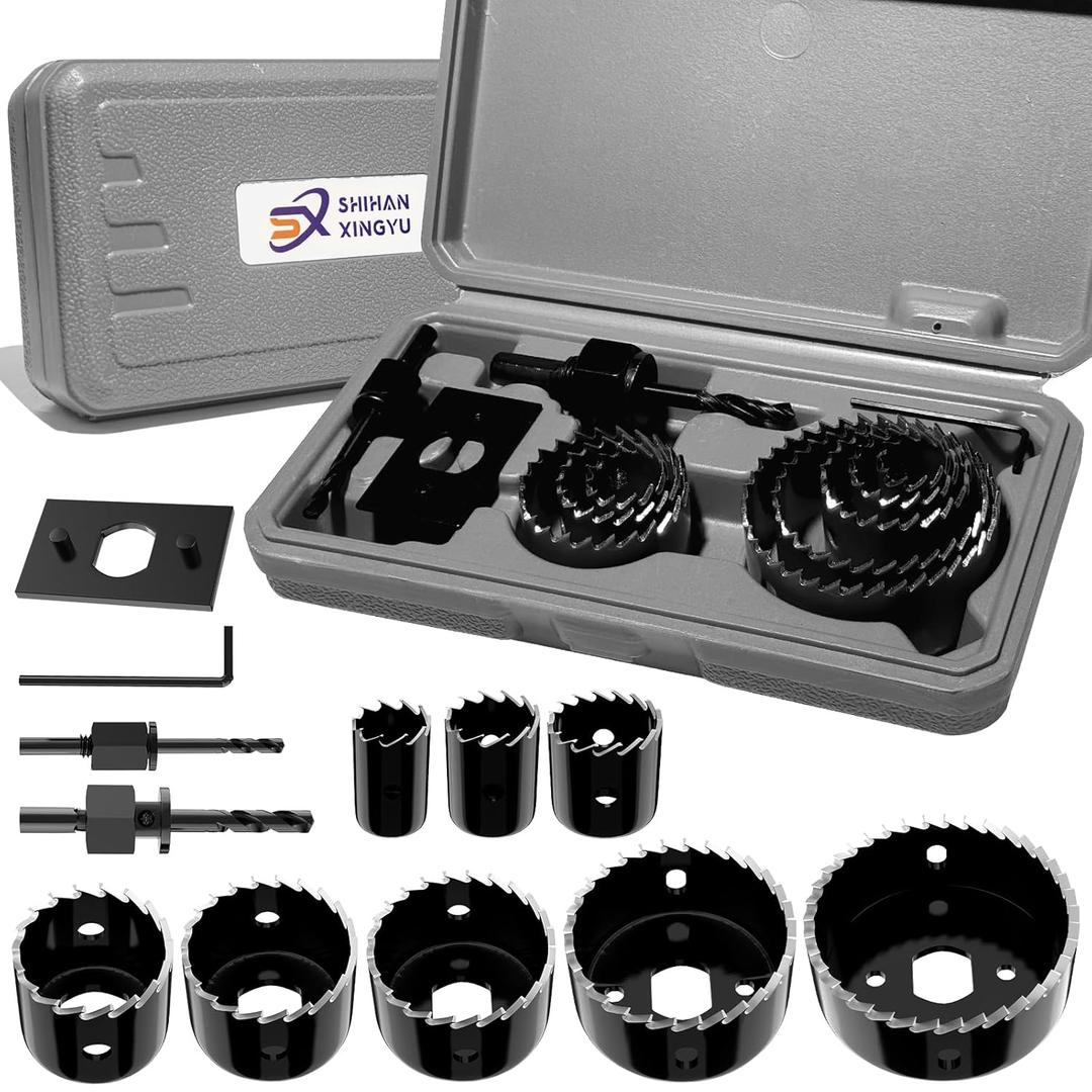12-Piece Hole Saw Kit, Includes 8 Sizes (3/4" to 2-1/2"), Arbors, Drill Bits, and Hex Key, Ideal for Softwood, Plywood, and PVC (Black)