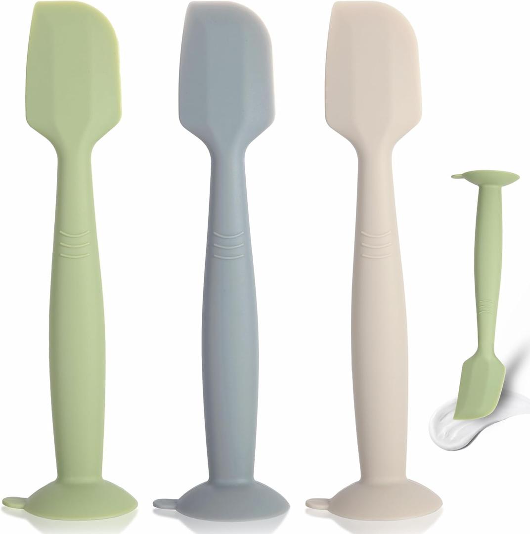 Baby Diaper Cream Spatula 3 Pack Diaper Spatulas Soft Silicone Diaper Cream Applicator Baby Butt Paste Spatula Brush with Suction Base,Full Size(Gray+Off-white+Green