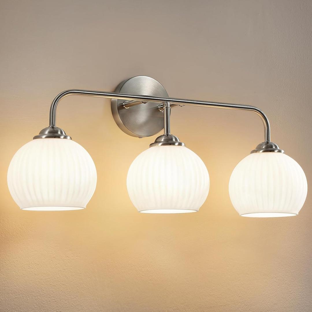 RUIYEY Bathroom Vanity Light Fixtures: 3-Lights Bathroom Lighting Fixtures Over Mirror, Brushed Nickel Vintage Wall Lights with Milky White Frosted Glass Shade for Bath Bedroom
