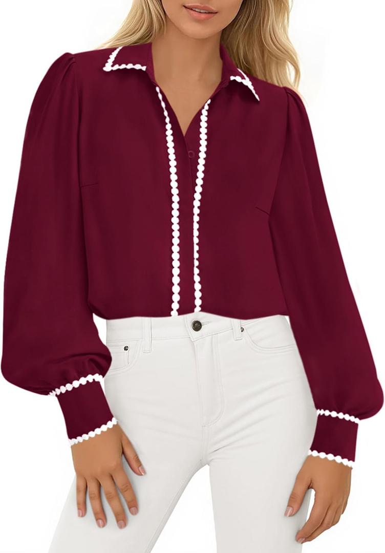 PRETTYGARDEN Womens Long Sleeve Button Down Shirts 2025 Trendy V Neck Loose Fit Fall Tops Collared Dressy Casual Blouses (Large)