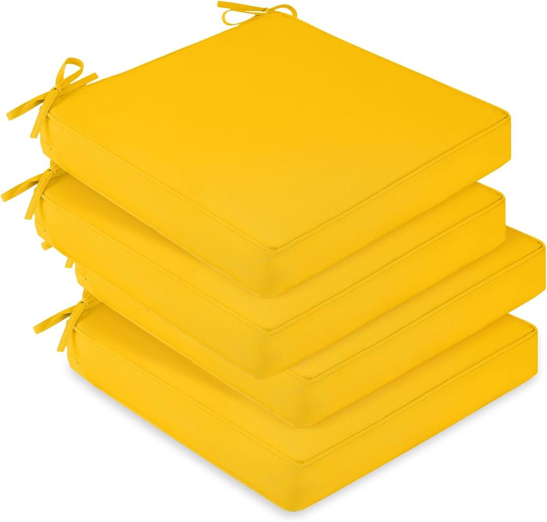 downluxe Waterproof Outdoor Chair Cushions Set of 4, 19" x 19" x 3" Patio Chair Cushion with Non-Slip Ties & Handle, Square Outdoor Cushion for Patio Furniture with Removable Cover, Yellow