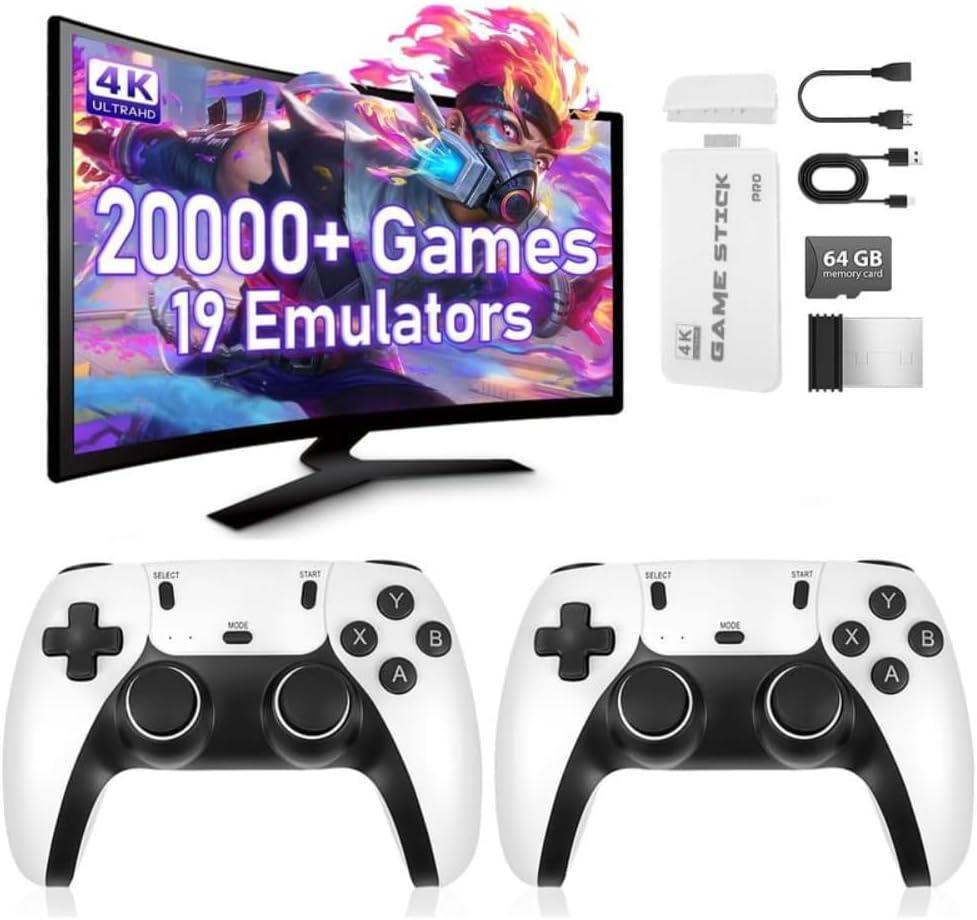 2025 Retro Gaming Console Pro, Video Game Stick with 4K 20,000+ Games and 23 Emulators, Upgraded Dual 2.4G Wireless Controllers, Plug & Play Nostalgia Gaming Stick 64GB