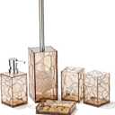 Clear Acrylic Bathroom Accessories Set - Rust-Free, Transparent Design - Includes Soap Dispenser, Toothbrush Holder, Cup, Soap Dish, and Toilet Brush 5-Piece (Brown)