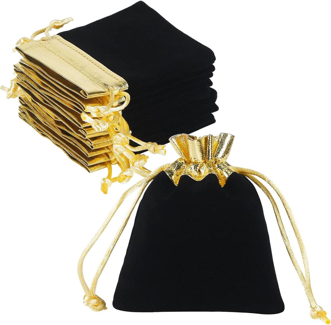 HRX Package Velvet Jewelry Bags 3x4 Inch, 20pcs Black Gold Cloth Drawstring Pouches for Small Gift
