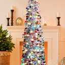 5FT Pop Up Christmas Tinsel Tree with 8 Remote Lights Modes - Collapsible Colorful Sequin Artificial Christmas Pencil Trees Decorations for Home Apartment Party Fireplace Indoor Outdoor