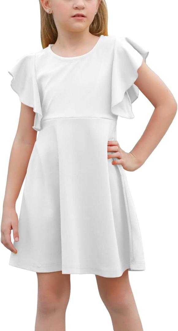 GORLYA Girl's Flutter Sleeve Stretchy A-Line Swing Flared Skater Party Dress with Pockets for 4-12 Years Kids (White)