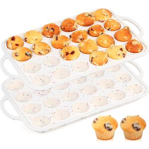 2 Pcs Mini Muffin Pans with Metal Reinforced Frame, 24 Cups Nonstick Silicone Cupcake Tray for Baking, Food Grade Small Muffin Molds with Handles (Cream)