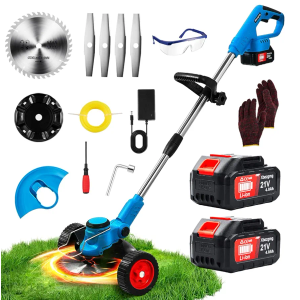 Xbzzgmg 8-inch Electric Weed Wacker, 2 x 21V 4.0Ah Cordless Weed Wacker with 5 Blades and 1 Spool, Brushless Motor 3-in-1 Grass Trimmer/Brush Cutter/Weed Trimmer for Trimming Yard, Sidewalk Edges