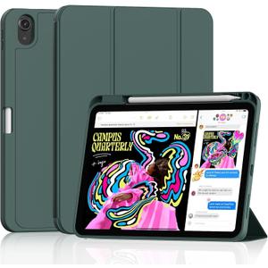 DJ&RPPQ Case for iPad (A16) 11th Generation 11-inch 2025, iPad 10th Generation 10.9-inch 2022, with Pencil Holder-[Auto Wake/Sleep] Slim Folding Stand Cover with Soft TPU Back Cover - Dark Green