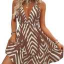 SOLY HUX Women's Allover Print Summer Dress Halter Deep V Neck Ruffle Hem Short Dresses M