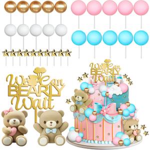 33 Pieces Gender Reveal Cake Toppers, Bear Cake Decorations Includes We Can Bearly Wait Cake Topper, Stars, Pearl Balls, Pink and Blue Bear for Baby Shower He or She Gender Reveal Party Supplies