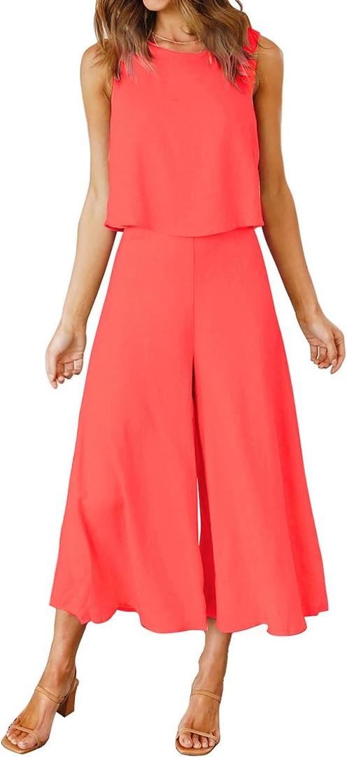 ROYLAMP Women's Summer 2 Piece Outfits Round Neck Crop Basic Top Cropped Wide Leg Pants Set Jumpsuits (Bright Orange) S