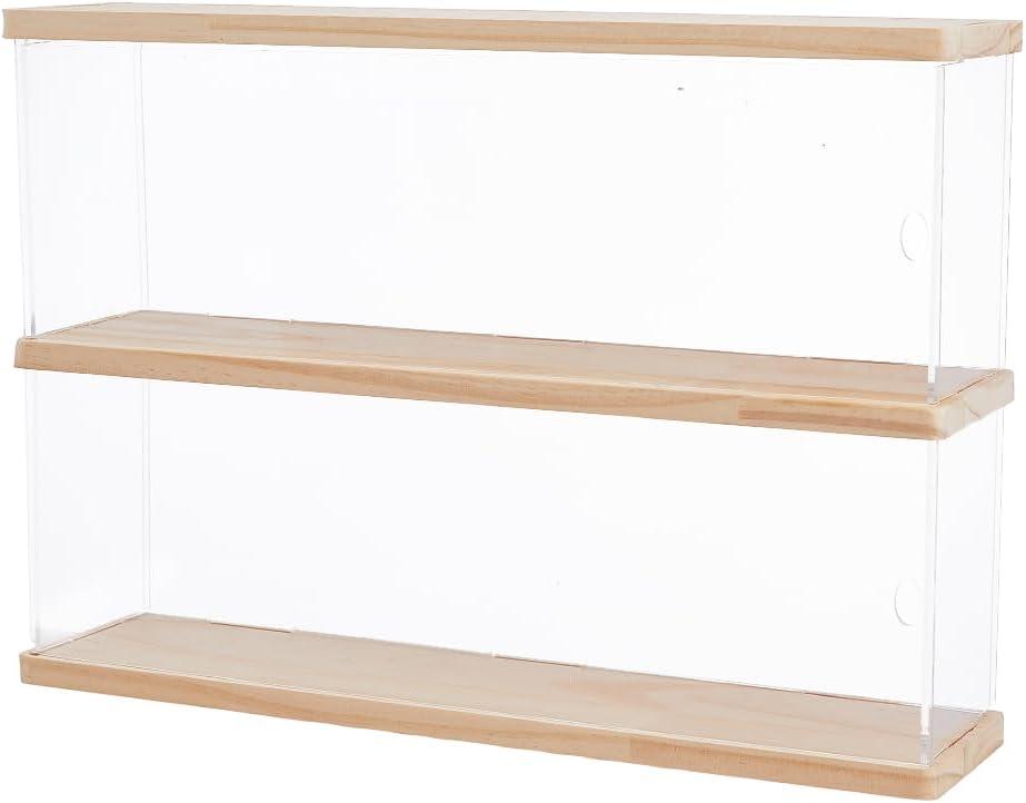 SUPERFINDINGS 2 Tier Acrylic Display Case with Wood Base Organizer Box for Collectibles Clear Wood Showcase Storage Box for Models Building Blocks Display Holder,39.5x9.7x27.45cm
