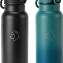 2PCS BUZIO 24oz Stainless Steel Water Bottle with Straw Lid, Vacuum Insulated Thermo Flask for Drinking Teens Double Wall Leakproof Travel Tumbler Mug for School, Cold for 48 Hrs (Black+Blue)