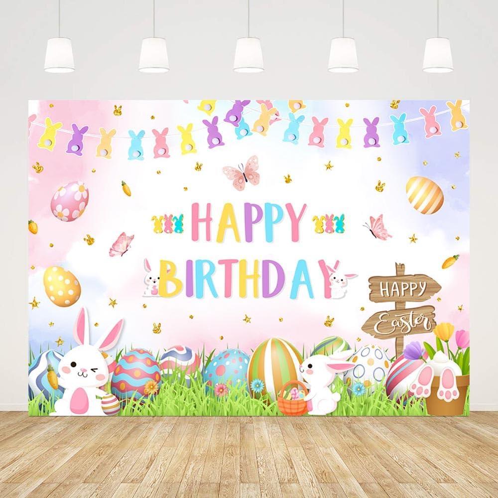 AIBIIN 7x5ft Happy Birthday Backdrop Photography Spring Happy Easter Birthday Background for Boys Girls Easter Colorful Eggs Rabbits Decorations Banner Photo Props