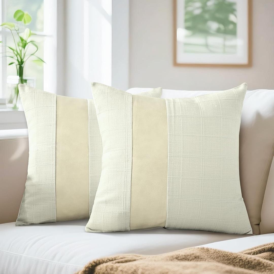 Farmhouse Decor Throw Pillow Covers 18x18 Inch Square, Beige Faux Leather and Rustic Plaid Linen Patchwork Pillow Cover, Modern Accent Pillows for Couch Sofa Bed Living Room Set of 2, Beige