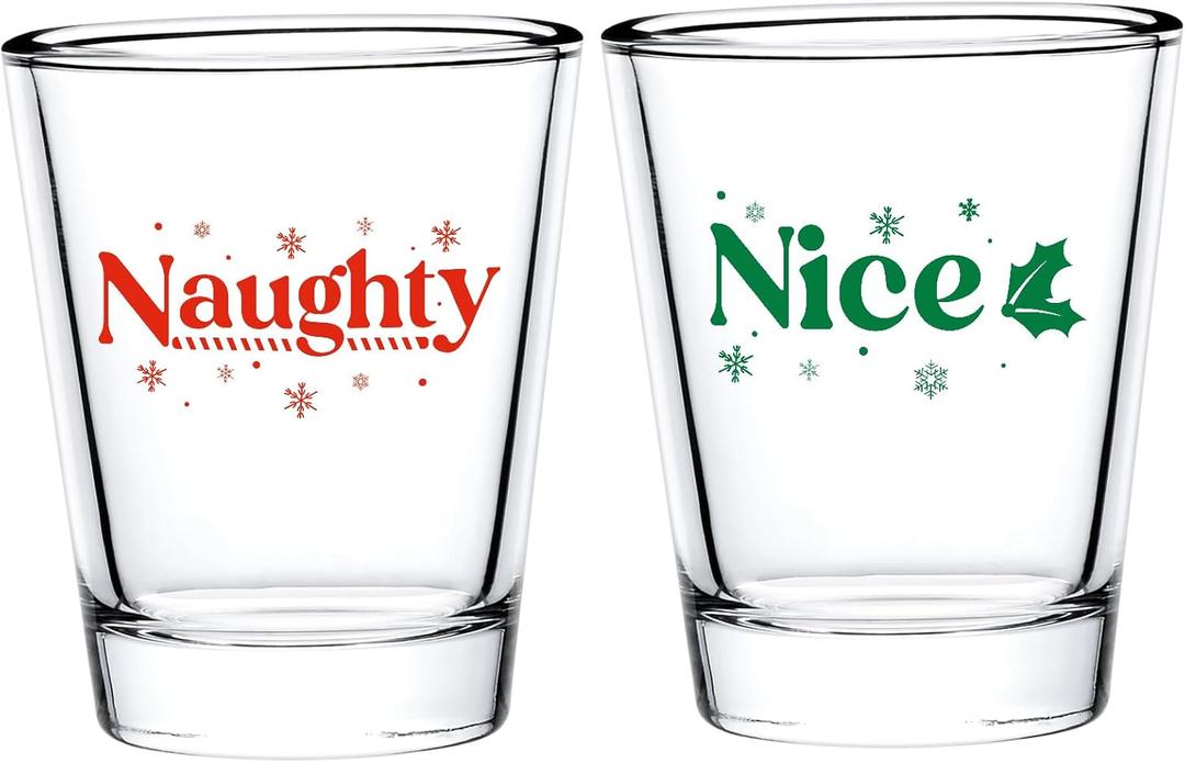 Futtumy 2 OZ Christmas Shot Glasses, Naughty & Nice for Adults Couples Man Women Wife Friends Bride Groom Mom Dad, Funny for Christmas Party Birthday (2 PCS)
