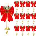 12 Pcs Christmas Bows with Pine Cones, Wreath Ornaments, Bell Tree Toppers for Xmas Party Decoration, Kitchen Cabinet (Red)
