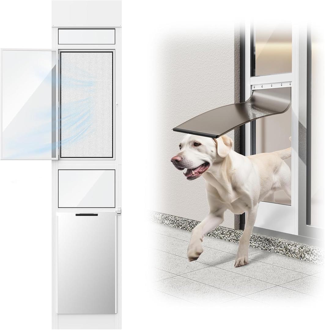 Doggy Door for Sliding Glass Door, Adjustable Height 75 3/5" to 80" Sliding Door Doggie Door Insert with Screen Design, Suitable for X-Large Dogs Up to 200 lbs, New