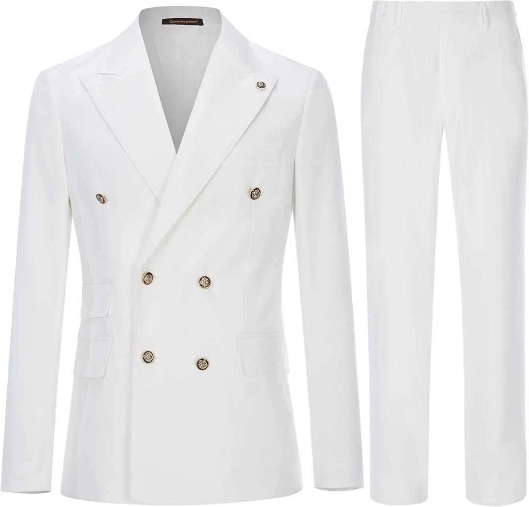 Men's Slim Fit 2 Piece Suit Double Breasted Business Wedding Prom Tuxedo Suits Blazer & Pants Set (30, White)