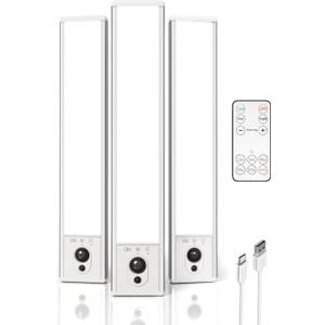 EZVALO 3 Pack Under Cabinet Lighting, Rechargeable Motion Sensor Light, LED Closet Lights Wireless, 5700K Dimmable, Timer, Magnetic, with Remote Control for Kitchen, Closet, Stair (Cool White)