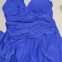 SHEKINI Women's V Neck One Piece Skirt Swimsuit Ruched Retro Swimdress Bathing Suit (Blue, M)