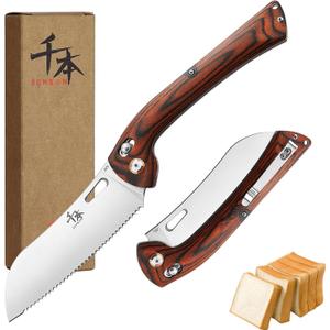 SENBON 440 Stainless Steel Super Sharp Pocket Folding Chef Knife Peeling Utility Knife Fruit Knife Handle Camping Barbecue Outdoor Back Clip Portable (Color wood bread knife)