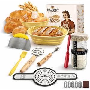 Breadcraft Sourdough Bread Proofing Basket Set, Complete Sourdough Bread Baking Kit, Non-Stick Silicone Banneton Basket (Pack of 2) with Bread Lame,Dough Whisk, Scraper & Silicone Mat