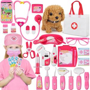 33Pcs Pet Doctor Kit for Toddlers - Dress Up Costume & Pretend Doctor Play Set with Dog Toy, Stethoscope, Pet Vet Roleplay Toys, Christmas Birthday Gifts for Ages 3 4 5 6 7 8 Year Old Boys Girls