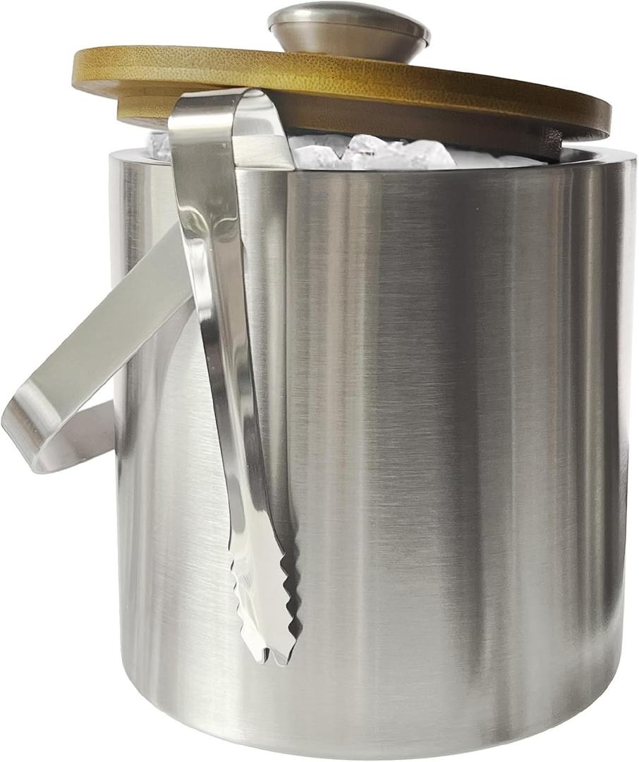 Lily's Home Double Wall Insulated Small Ice Bucket with Bamboo Lid - Stainless Steel Ice Holder with Tongs and Strainer, Ideal for Parties,Camping,Kitchen, Tiki Bar, Cocktail Bar, Portable & Mini, 1.3L
