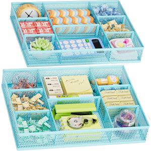Marbrasse 2 Pack Desk Drawer Organizer, Mesh Drawer Organizer Tray with 8 Adjustable Compartments, Desk Organizers and Accessories, 5 Dividers Drawer for Office Supplies, Makeup & Vanity (Blue)