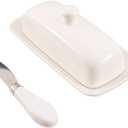 Butter Dish with Lid, Porcelain Butter Box for Countertop with Stainless Steel Multipurpose Butter Knife, Butter Keeper with Double High-quality Silicone Good Kitchen Gift White