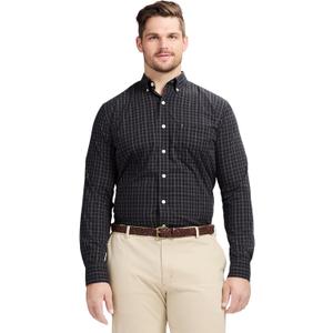 Izod Men's Big and Tall Performance Comfort Long Sleeve Gingham Button Down Shirt (Black)