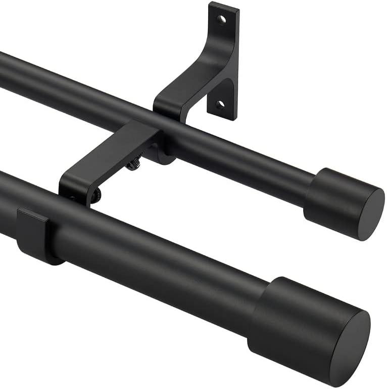 Matte Black Double Curtain Rods 72-144", Decorative Double Drapery Rods with Cap Finials, 1 Inch Front and 5/8 Inch Back Double Curtain Rod, Adjustable Dual Curtain Rod Double Window Rods