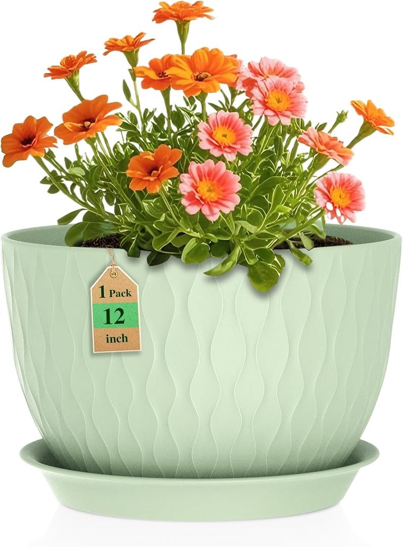 WSMKSZ 12 Inch Large Plant Pots for Indoor or Outdoor Plants, Wide Water Ripples Flower Pots with Drainage Holes & Saucer, Plastic Planters Set for Garden & Home Decor (Green)