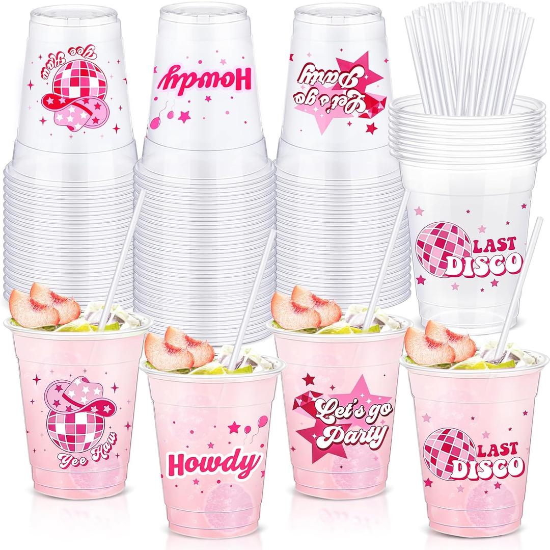 Yaomiao 50 Pcs Disco Party Plastic Cups with Straws 12 oz Pink Disco Cups Let's Go Girls Clear Glasses Pink Theme Party Favors for Kitchen Girls Birthday Baby Shower Supplies Decoration