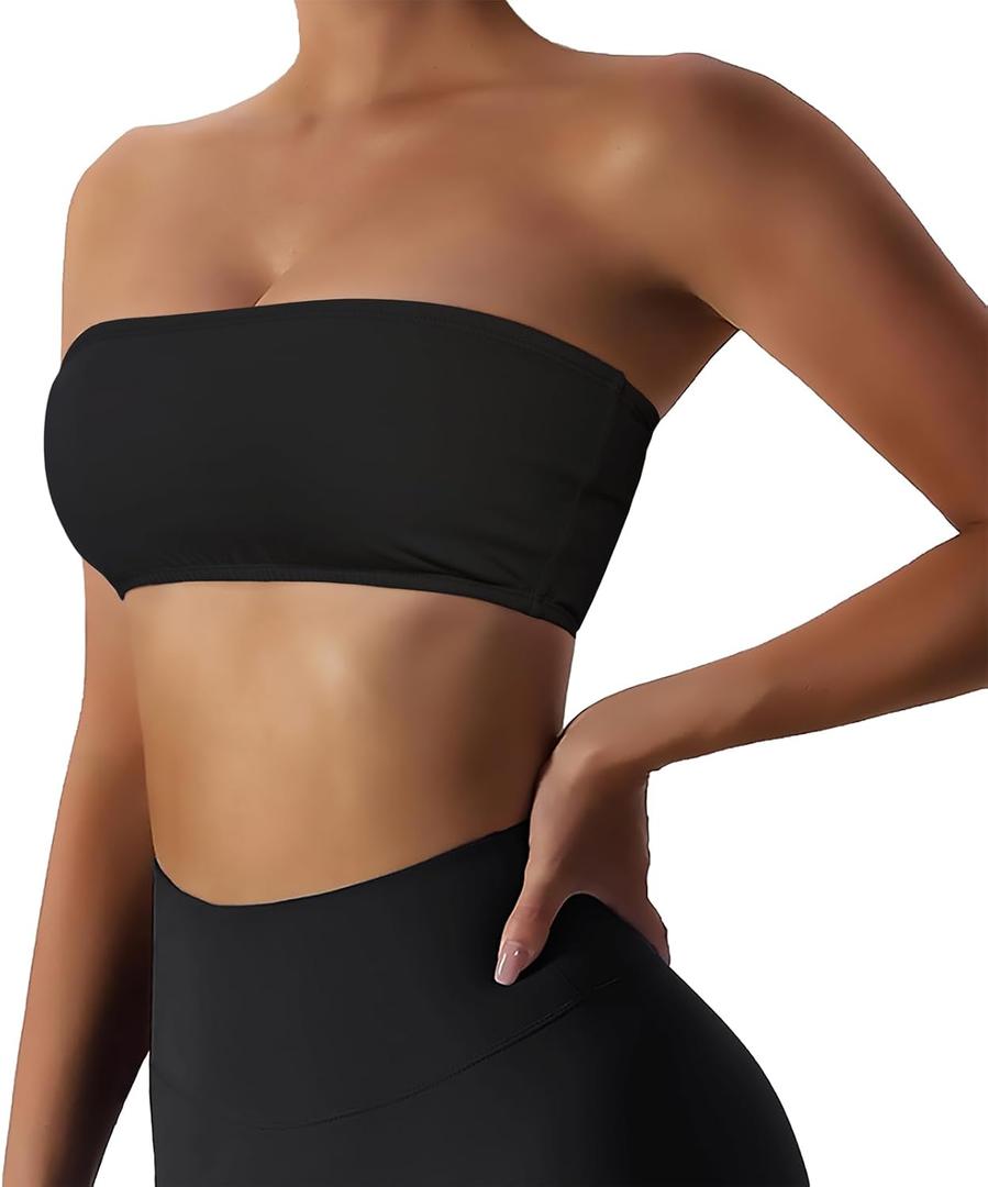 Boudaner Womens Padded Bandeau Sports Tube Top Bra Strapless Wireless Solid Seamless Yoga Workout Bralette (Black, M)