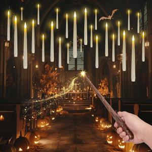 Homemory 20PCS Floating Candles with Wand Remote, Magic Hanging Candle with Timer, Flickering Warm Light Floating Candles for Halloween Christmas Birthday Party Decor