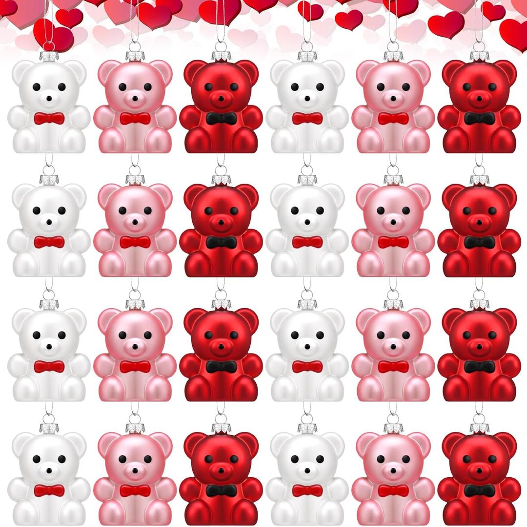 Vinsot 24 Pieces Valentine's Day Bear Ornaments 2.7 Inch Romantic Valentine Tree Decorations Red Pink White Bear Shaped Baubles Cute Hanging Valentines Day Decor for Tree Home Wedding Decor