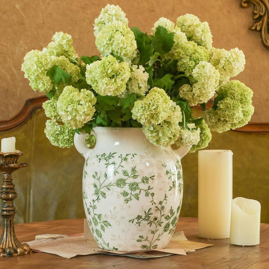 Beige & Green Vase 7 Vintage Ice Crackle Chinoiserie Ceramic Pitcher with Double Handle Rustic Hydroponic Flower Vase Home Decor (Green, 7.48X4.92)