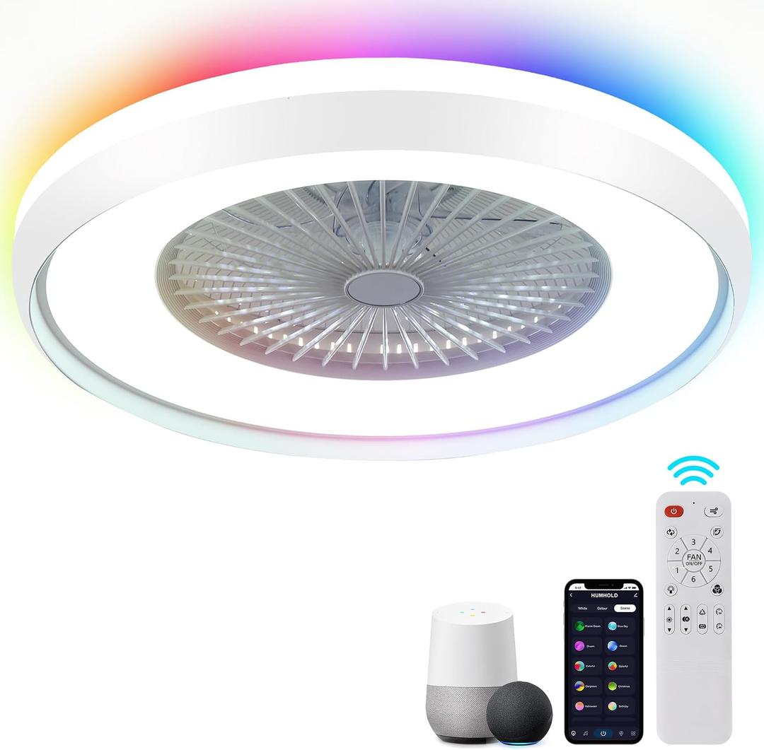 24" Low Profile Ceiling Fan with RGB Lights, Bladeless Ceiling Fan with Remote/APP/Voice Control, 6 Speeds Flush Mount Smart Ceiling Fan for Kids Bedroom/Kitchen/Dining Room