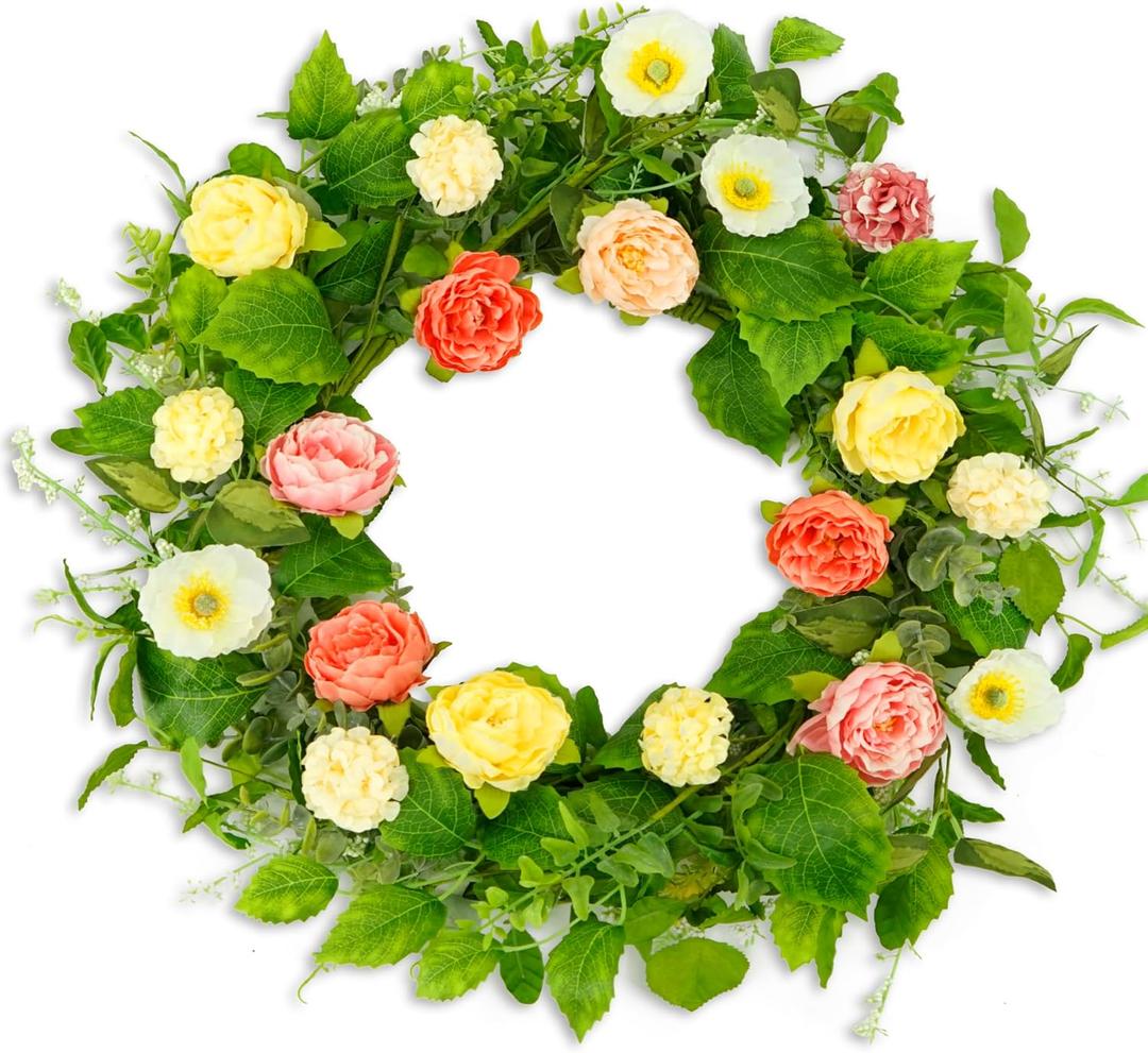 Artificial Spring Summer Wreaths for Front Door Summer Door Wreath Floral Wreath with Colorful Flower for Indoor Outdoor Wall Porch Farmhouse Garden Home Decoration (Pink Rose)