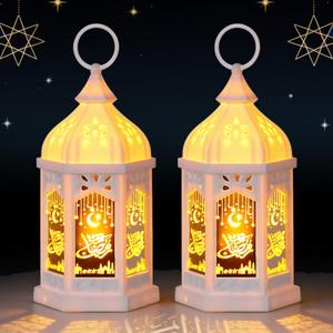 Eid Decorations, Ramadan Lantern Lights 2 Pack, Battery Operated Islamic Decorative Tabletop Lantern, Hanging Lamp with Moon Star, Eid Mubarak Decorations for Home Party Table (White)