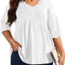 Plus Size Tops for Women 3/4 Lace Sleeve Shirts V Neck Blouses Casual Loose Tunic Tops to Wear with Leggings (XL)