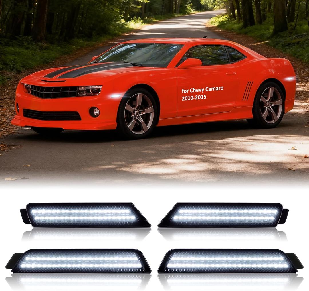 Bestview 4PCS LED Side Marker Lights for Chevy Camaro 2010 2011 2012 2013 2014 2015, White Front & Rear Fender Side Markers, Smoked Lens Driver & Passenger Side Bumper Lights