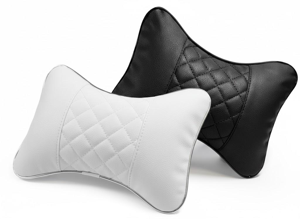 Set of 2 Quilted Faux Leather Car Headrest Pillow, Black Case/Black Threading and white, Ergonomic Neck Support for Comfortable Driving