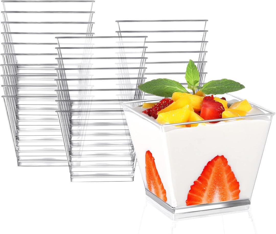 Eupako 50 Pack 3.8 oz Square Clear Plastic Dessert Cups Small Clear Plastic Tumbler Cups Great for Desserts, Appetizers, Puddings, Mousse and More