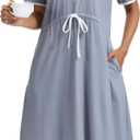 Women's Printed Nightgown, V-Neck Short Sleeve Midi Sleep Dress with Pockets, Loose Fit Comfortable Loungewear (Gray, M)