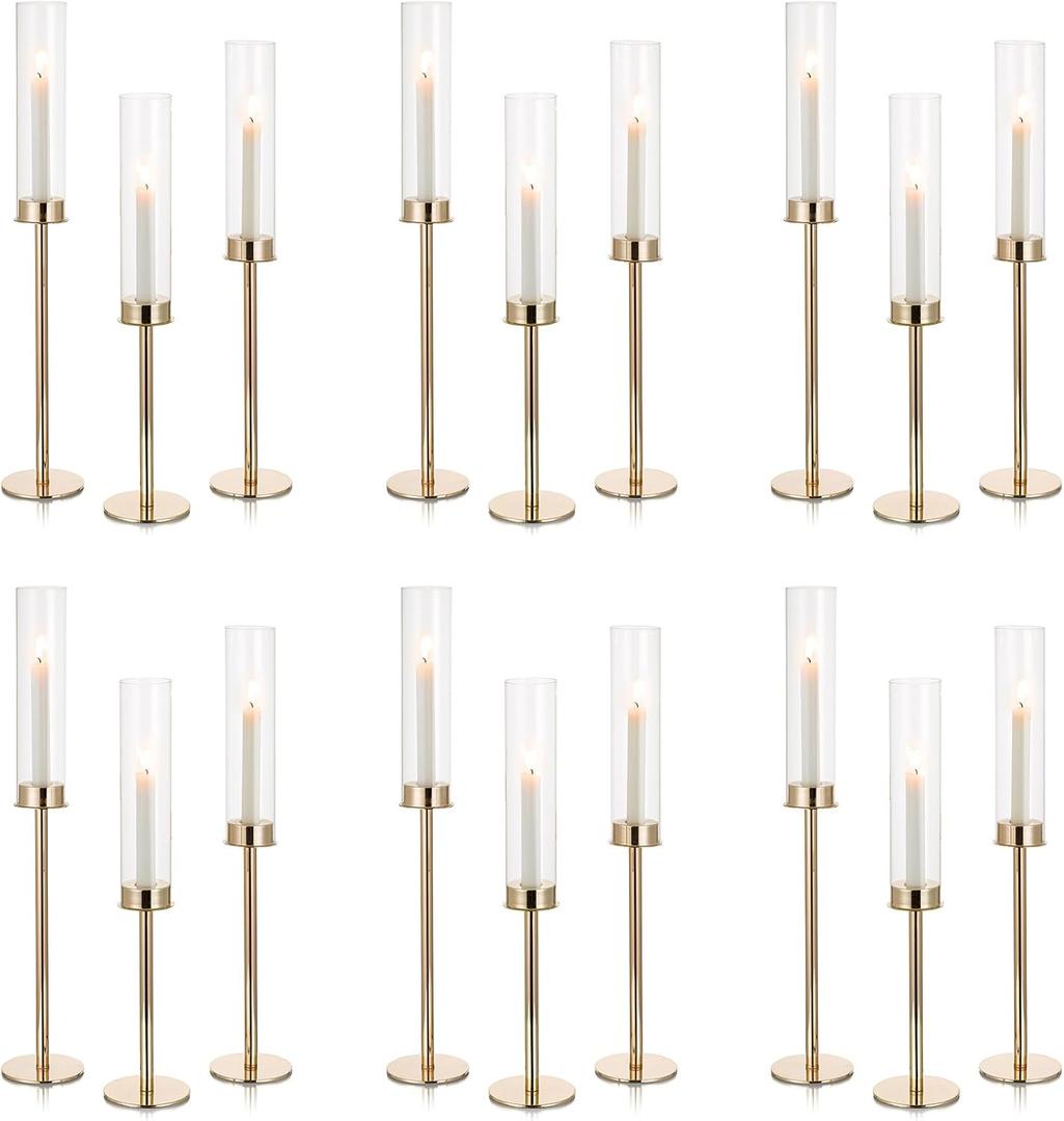 NUPTIO Candle Holders for Table Centerpiece: 18 Pcs 23.6 & 21.7 & 19.7 in Tall Gold Hurricane Candlesticks Holder with Glass Cylinder Cover Bulk Taper Candles Sticks Stand for Thanksgiving Party Decor
